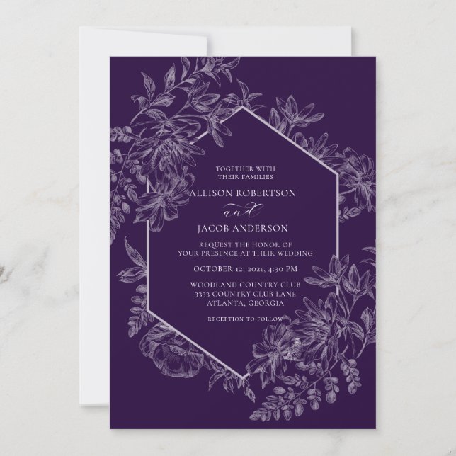 Convites Casamento Floral Geométrico e Roxo Elegante (Frente)