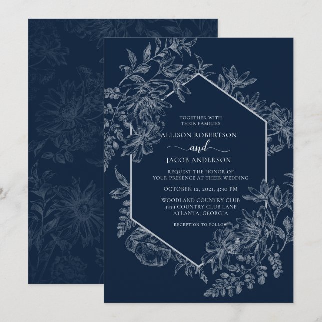 Convites Casamento Floral Geométrico Elegante Azul e Branco (Frente/Verso)