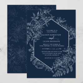 Convites Casamento Floral Geométrico Elegante Azul e Branco