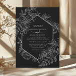 Convites Casamento Floral Geométrico Elegante Preto e Branc<br><div class="desc">A cor elegante e o design geométrico tornam este convite espantoso. Este design apresenta um dramático fundo preto,  um adorável desenho botânico floral desenhado,  e tipografia personalizada com uma borda geométrica na frente. O verso apresenta uma lindíssima tapeçaria floral.</div>