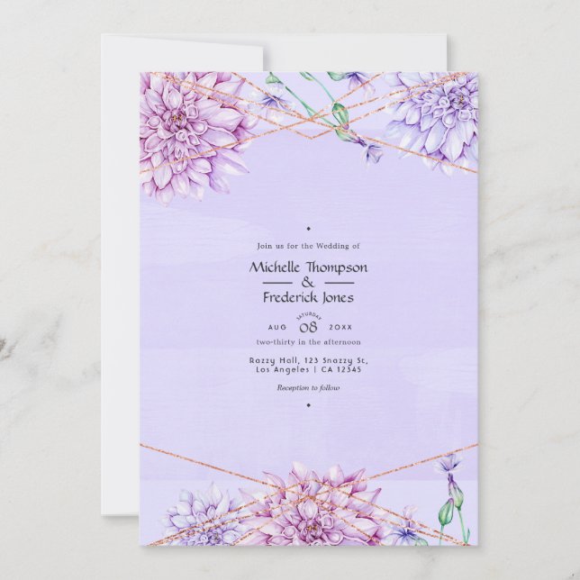 Convites Casamento Floral Geométrico Lavanda e Dourado Rosa (Frente)