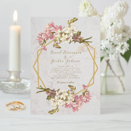 Convites Casamento Floral Geométrico Mármore Dourado e Flor