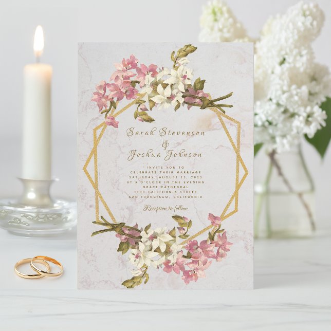 Convites Casamento Floral Geométrico Mármore Dourado e Flor (Criador carregado)