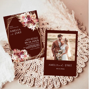 Convites Casamento Floral Geométrico Moderno em Burgundy Do