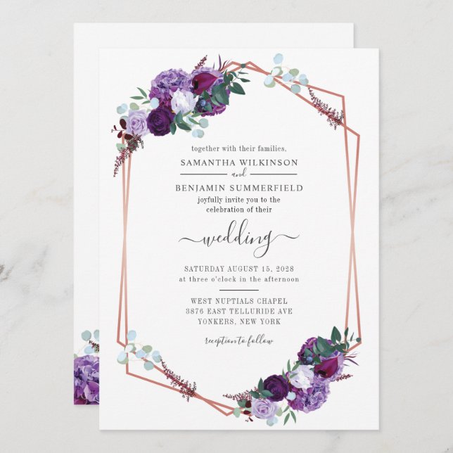 Convites Casamento Floral Geométrico Moderno Verde Roxo (Frente/Verso)
