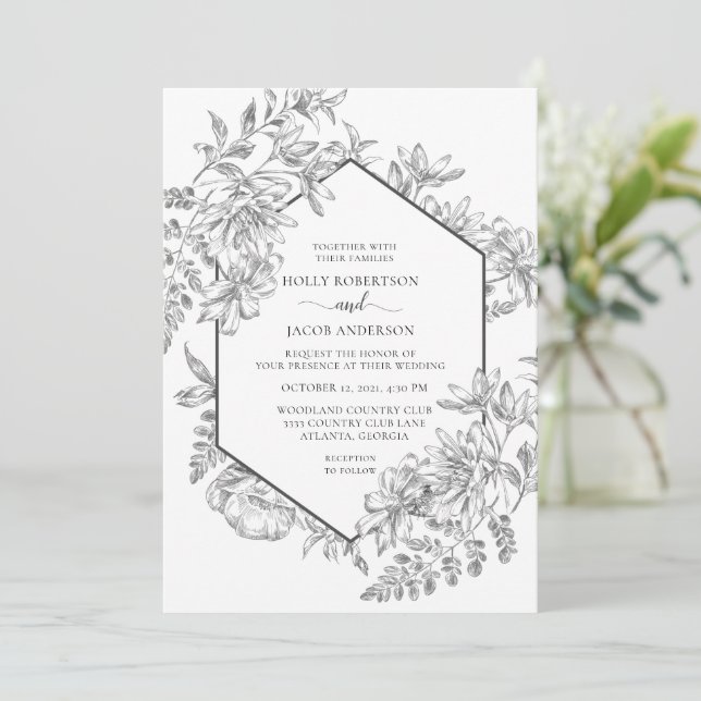 Convites Casamento Floral Geométrico Negro e Branco (Em pé/Frente)