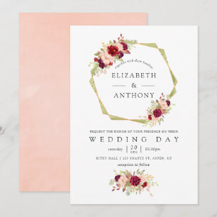 Convites Casamento Floral Geométrico Rosa Bege e Borgonha