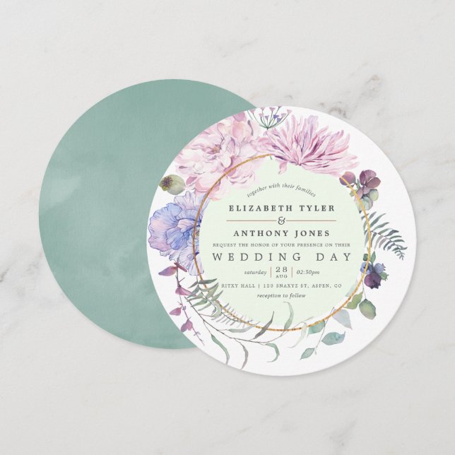 Convites Casamento Floral Geométrico Rosa e Menta (Frente/Verso)