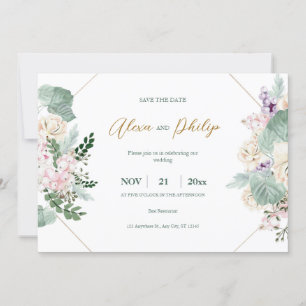 Convites Casamento Floral Geométrico Verde e Dourado