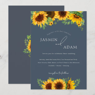 Convites Casamento Floral Girassol Boho Azul Ardósia