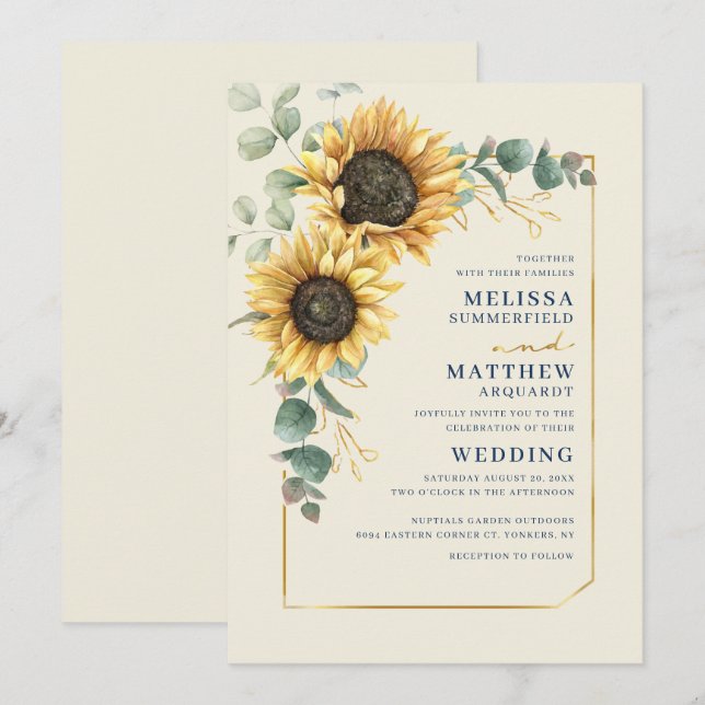 Convites Casamento Floral Girassol Eucalipto Script (Frente/Verso)