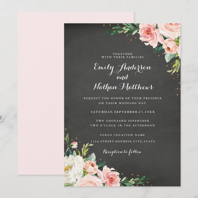 Convites Casamento Floral Giz Quadro Bege Dourado (Frente/Verso)