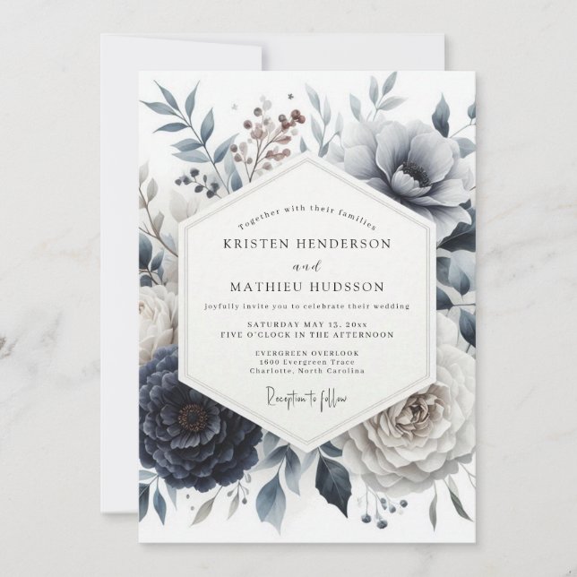 Convites Casamento Floral Glacial Azul Ardesia (Frente)