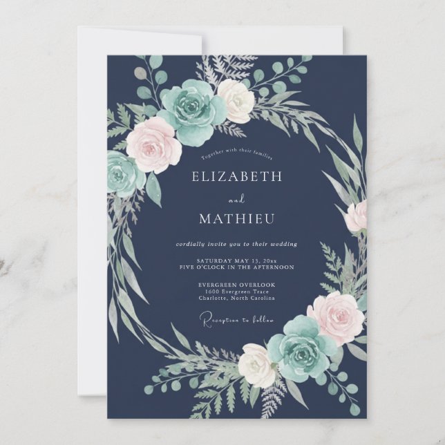 Convites Casamento Floral Glacial Azul Marinho (Frente)