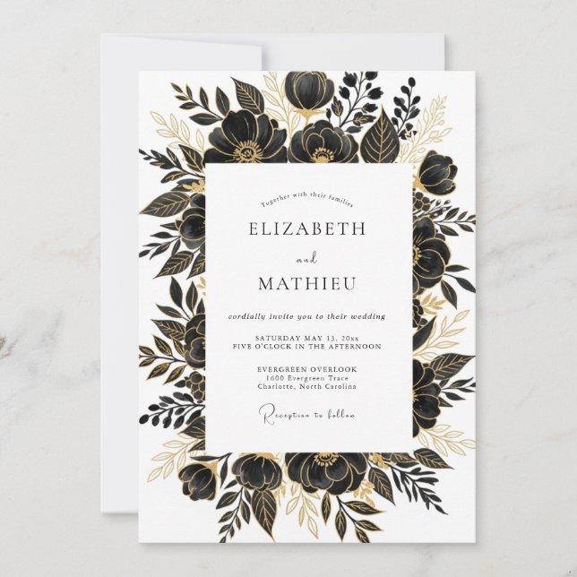 Convites Casamento Floral Glamouroso Ouro Preto (Frente)