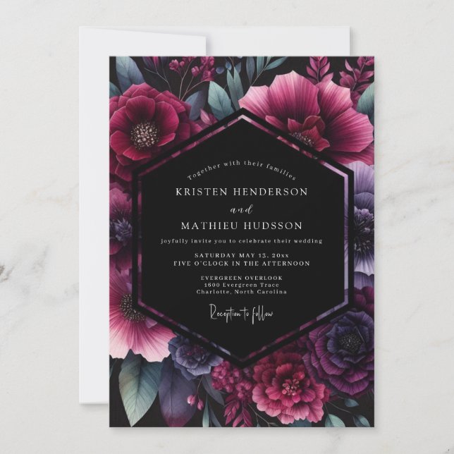Convites Casamento Floral Gótico Ameixa (Frente)