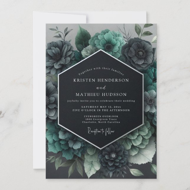 Convites Casamento Floral Gótico Azul (Frente)
