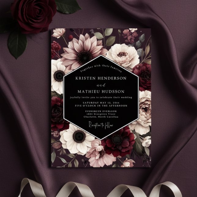 Convites Casamento Floral Gótico Borgonha (Criador carregado)