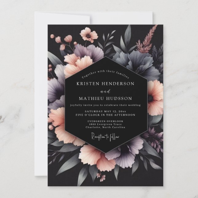 Convites Casamento Floral Gótico Carvão & Blush (Frente)