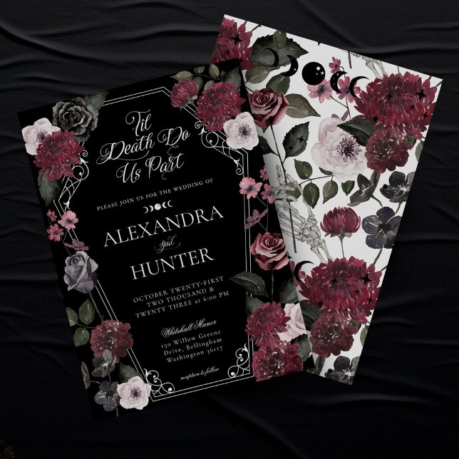 Convites Casamento Floral Gótico de Cores Aquáticas de Til  (Til Death Watercolor Gothic Floral Wedding Invitation)