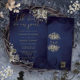 Convites Casamento Floral Gótico Dourado e Azul Meia-Noite
