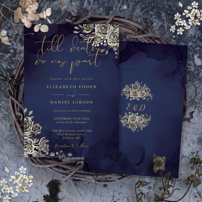 Convites Casamento Floral Gótico Dourado e Azul Meia-Noite (Gothic Floral Gold And Midnight Blue Wedding Invitation)
