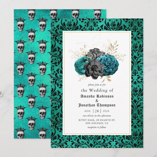 Convites Casamento Floral Gótico em Verde-azulado, Preto e  (Frente/Verso)