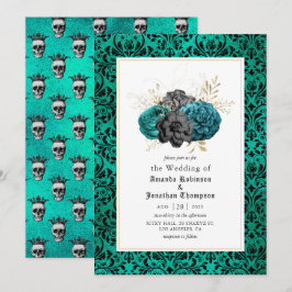 Convites Casamento Floral Gótico em Verde-azulado, Preto e