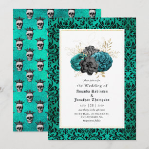 Convites Casamento Floral Gótico em Verde-azulado, Preto e