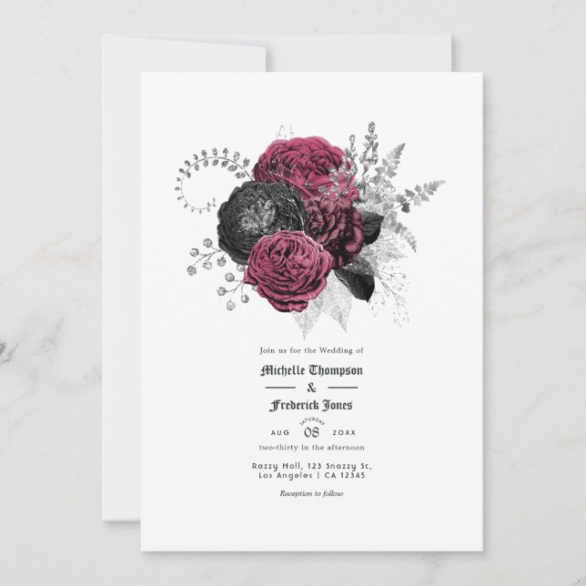 Convites Casamento Floral Gótico Marsala, Preto e Prata (Frente)