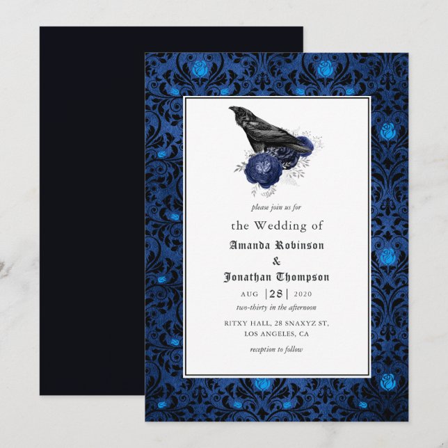 Convites Casamento Floral Gótico Preto e Azul (Frente/Verso)