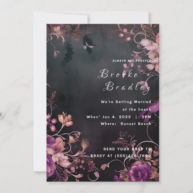 Convites Casamento Floral Gótico Preto e Fúcsia (Frente)
