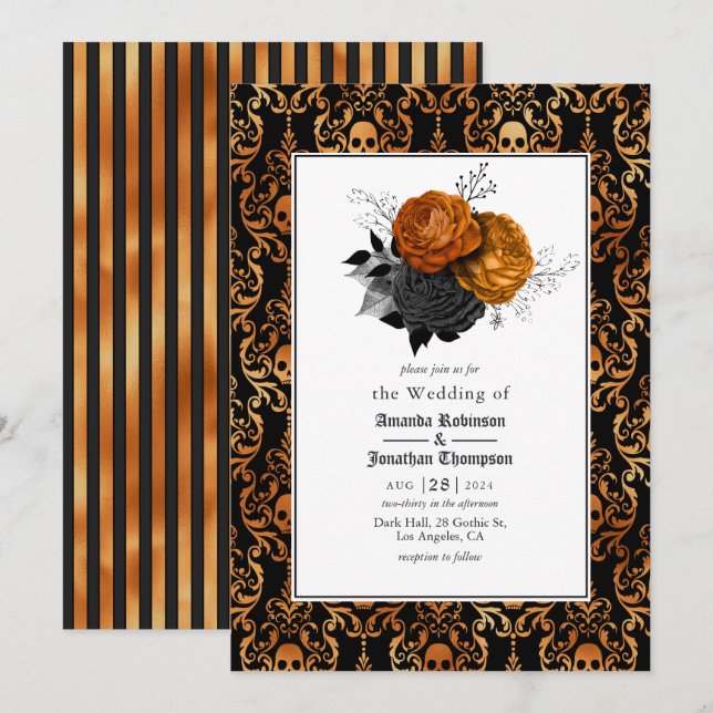 Convites Casamento Floral Gótico Preto e Laranja (Frente/Verso)