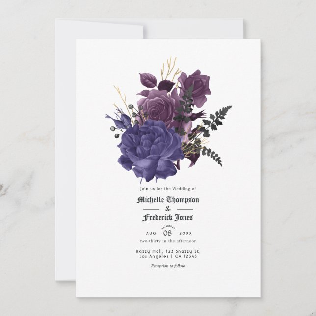 Convites Casamento Floral Gótico Preto Roxo Dourado (Frente)