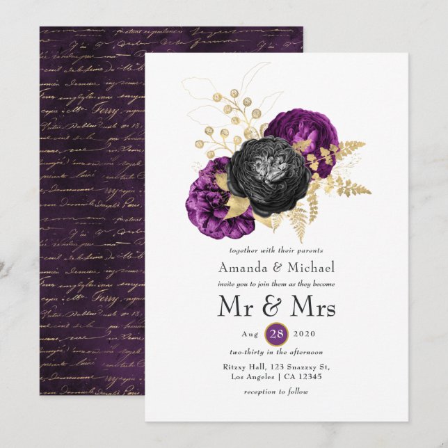 Convites Casamento Floral Gótico Preto Roxo e Dourado (Frente/Verso)