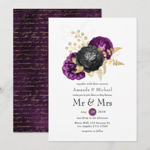 Convites Casamento Floral Gótico Preto Roxo e Dourado