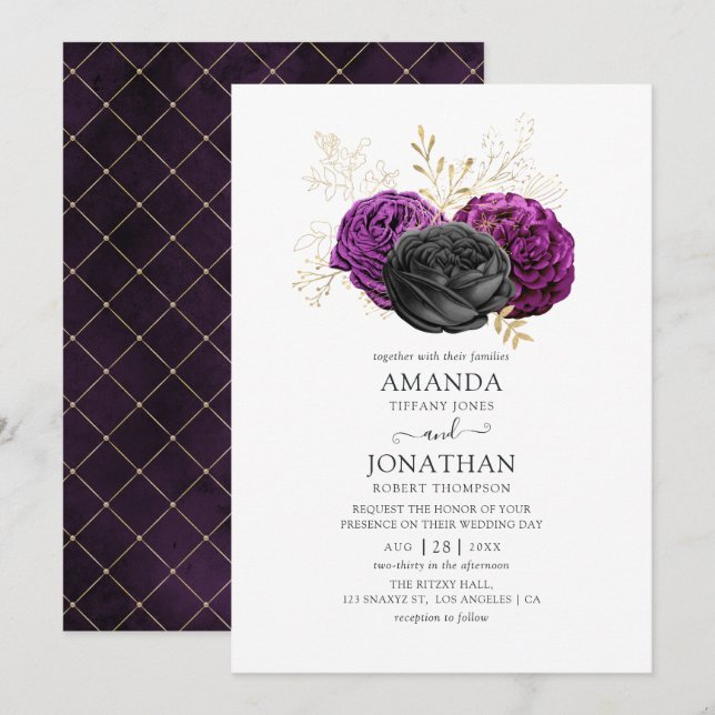 Convites Casamento Floral Gótico Preto Roxo e Dourado (Frente/Verso)