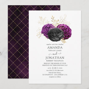 Convites Casamento Floral Gótico Preto Roxo e Dourado