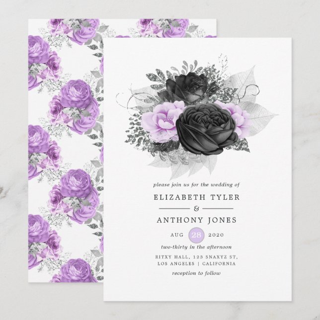 Convites Casamento Floral Gótico Preto Roxo e Prata (Frente/Verso)