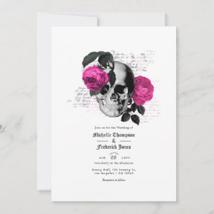 Convites Casamento Floral Gótico Rosa Quente e Azul Marinho