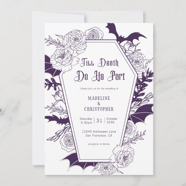 Convites Casamento Floral Gótico Roxo Elegante (Frente)