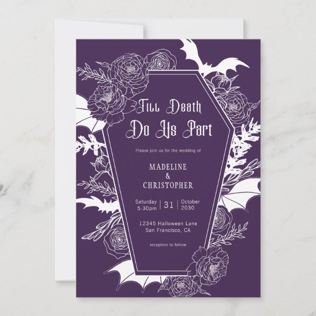 Convites Casamento Floral Gótico Roxo Sombrio (Frente)