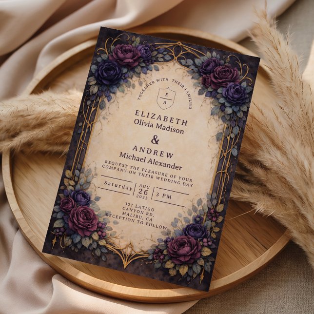 Convites Casamento Floral Gótico Roxo Temperamental (Criador carregado)