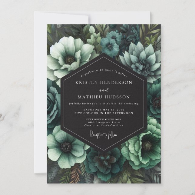 Convites Casamento Floral Gótico Verde Água (Frente)