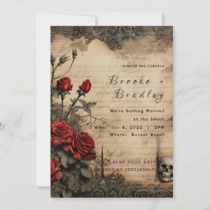 Convites Casamento Floral Gótico Vermelho Intenso e Pergami