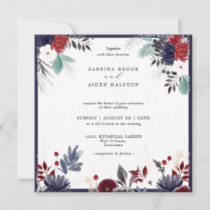 Convites Casamento Floral Gótico Vermelho marinho Azul Borg