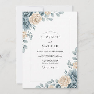Convites Casamento Floral Gracioso Azul Empoeirado