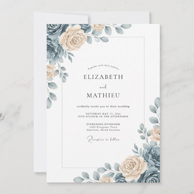 Convites Casamento Floral Gracioso Azul Empoeirado (Frente)
