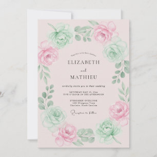Convites Casamento Floral Gracioso com Rosa Claro e Verde M