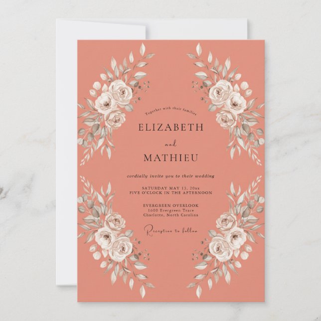 Convites Casamento Floral Gracioso Coral (Frente)